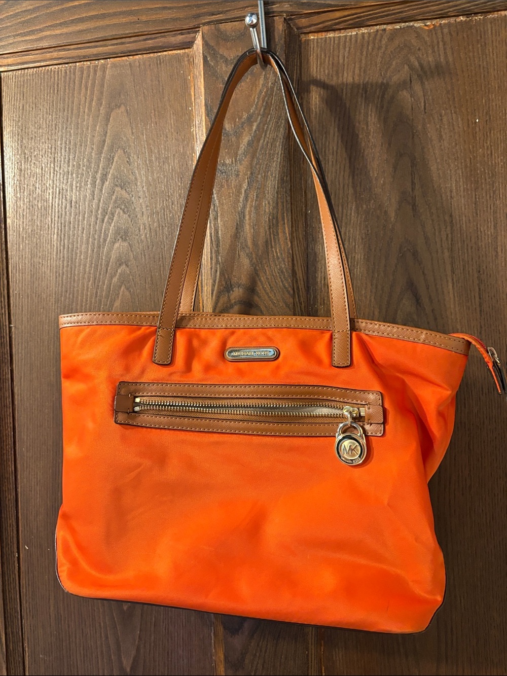 Michael Kors Vibrant Orange Nylon Tote with Tan Leather Trim
